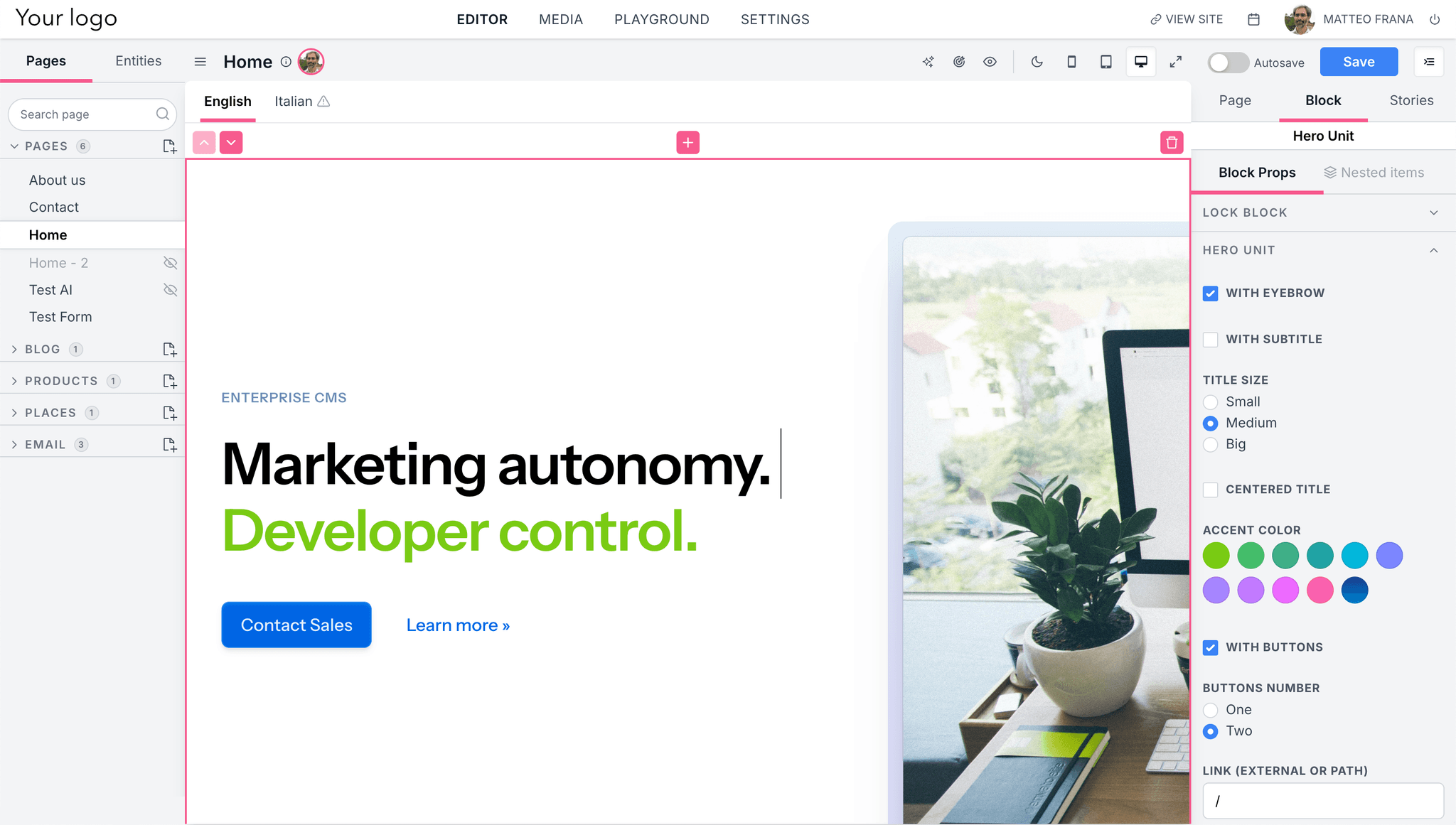 React Bricks visual editing interface